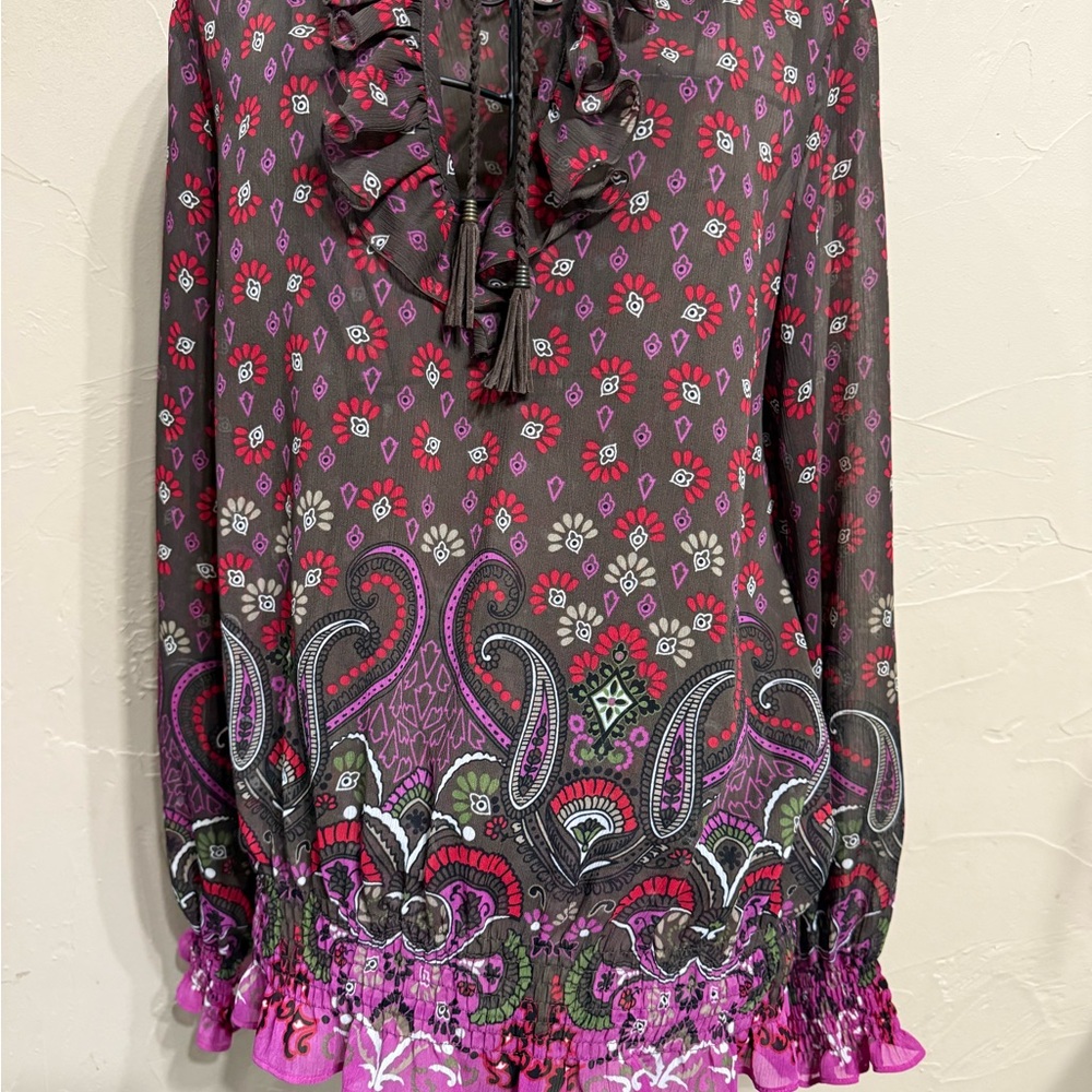 Candie's Brown, Purple & Red Long sleeve Ruffled Blouse with Tassel Tie front